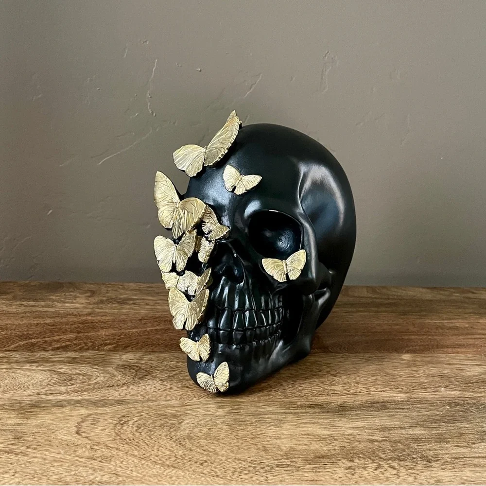 Black Skeleton Skull Gold Metal Butterflies Dark Coquette Glam Gilded Halloween